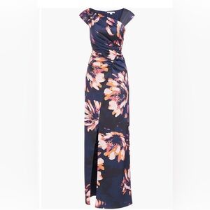 Kay Unger Midnight Blue and Pink Floral Evening Dress